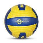 "Nivia Air Strike Vollyball, yellow and blue, 18-panel machine-stitched PU. Features butyl bladder, waterproof, suitable for training/matches."