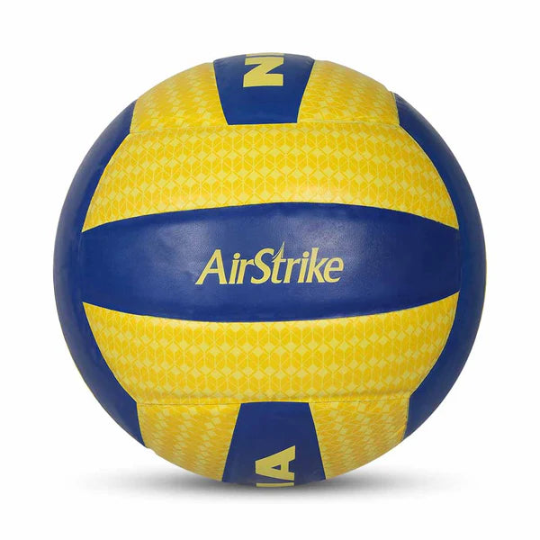 "Nivia Air Strik Volleyball, yellow and blue, 18-panel machine-stitched PU. Features butyl bladder, waterproof, suitable for training/matches."