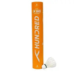 X-Fusion X50 badminton shuttlecock pack of 12, showing a single shuttlecock with its durable construction alongside the product packaging from probadminton.in.