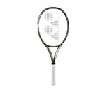 Yonex EZONE DR 100 tennis racquet in Black and Lemon Yellow, angled view showing the head and grip. Available at Probadminton.in.
