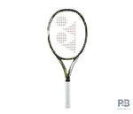 Yonex EZONE DR 100 tennis racquet in Black and Lemon Yellow, angled view showing the head and grip. Available at Probadminton.in.