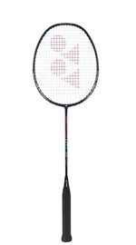 Close-up of the black Yonex Astrox 37I racket's isometric head shape, highlighting the full graphite construction.