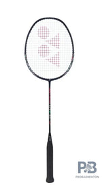 Close-up of the black Yonex Astrox 37I racket's isometric head shape, highlighting the full graphite construction.
