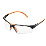 "Tecnifiber Squash Eyewear, black and orange full-rim nylon frame. Features vented shield, shatterproof polycarbonate lens with anti-fog/scratch coating."