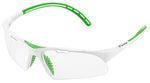 "Tecnifiber Squash Eyewear, white and green full-rim nylon frame. Features vented shield, shatterproof polycarbonate lens with anti-fog/scratch coating."