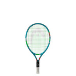 Young child holding Novak 19 on court: "A young boy or girl enthusiastically holding the Head Novak 19 Junior Tennis Racquet on a mini-tennis court."