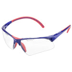"Tecnifiber Squash Eyewear, red and blue full-rim nylon frame. Features vented shield, shatterproof polycarbonate lens with anti-fog/scratch coating."