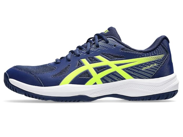 Close-up of the Asics Upcourt 6's lace-up closure and mesh upper in Blue Expanse/Safety Yellow. Shop now at Probadminton.in.
