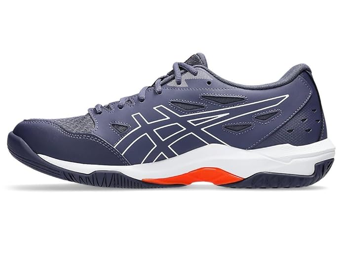 Close-up of the Asics GEL-ROCKET 11's lace-up closure and mesh upper in Indigo Fog/Nova Orange. Shop now at Probadminton.in.