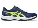 Asics Upcourt 6 Men's Badminton Shoe in Blue Expanse/Safety Yellow, side view showing the mesh upper and sole. Available at Probadminton.in.