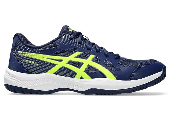 Asics Upcourt 6 Men's Badminton Shoe in Blue Expanse/Safety Yellow, side view showing the mesh upper and sole. Available at Probadminton.in.