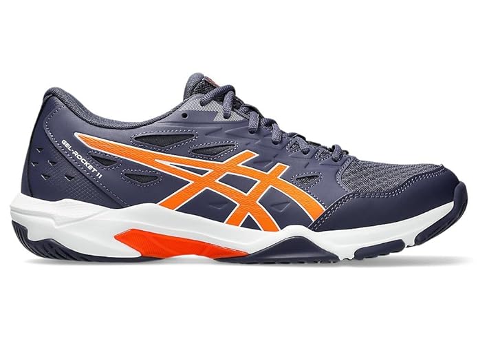 Asics GEL-ROCKET 11 Indoor Court Shoe in Indigo Fog and Nova Orange, side view showing the sole and upper mesh. Available at Probadminton.in.