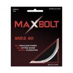 Maxbolt MBS 90 badminton string in its packaging, highlighting the gauge and key features.
