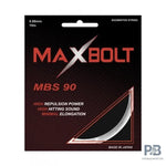 Maxbolt MBS 90 badminton string in its packaging, highlighting the gauge and key features.