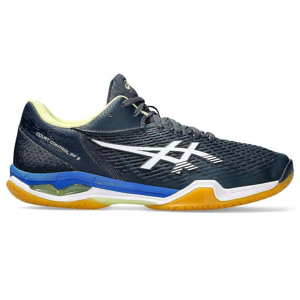 ASICS COURT CONTROL FF 3 PARIS Indoor Shoes in French, blue, and white, showing the laces and toe area, available at probadminton.in.