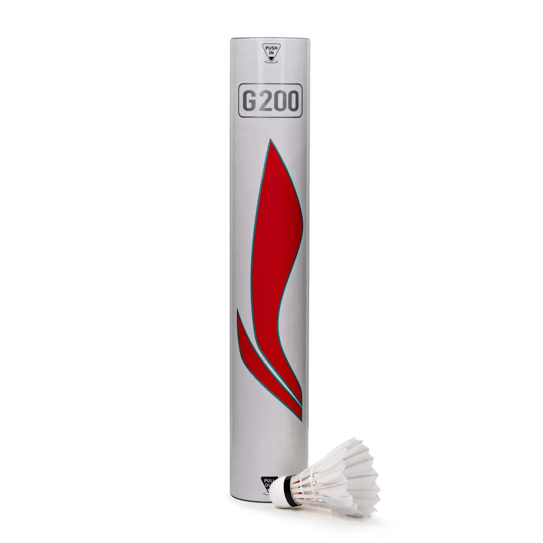 G200 Professional Hybrid Feather Shuttlecocks pack of 12, showing a single white shuttlecock with its cork base, next to the product tube on ProBadminton.in