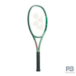 Yonex Percept 97 Olive Green tennis racquet, front view, highlighting its sleek design and distinctive olive green finish. Ideal for advanced players seeking control and stability.