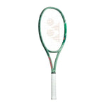 Yonex Percept 97L Olive Green Tennis Racquet (Front View) displaying its sleek design and distinctive olive green finish. The image highlights the racquet head, strings, and grip, emphasizing its modern aesthetic and premium construction for superior spin and precision.