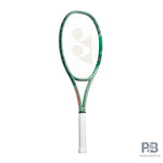 Yonex Percept 97L Olive Green Tennis Racquet (Front View) displaying its sleek design and distinctive olive green finish. The image highlights the racquet head, strings, and grip, emphasizing its modern aesthetic and premium construction for superior spin and precision.