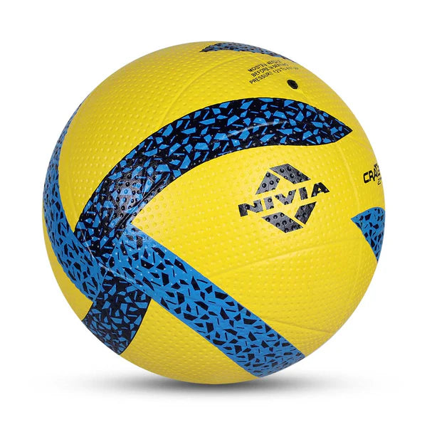 "Nivea Crater 2.0 Volleyball, yellow and blue, soft rubber. Official size for beginners, 280g weight, suitable for outdoor play."