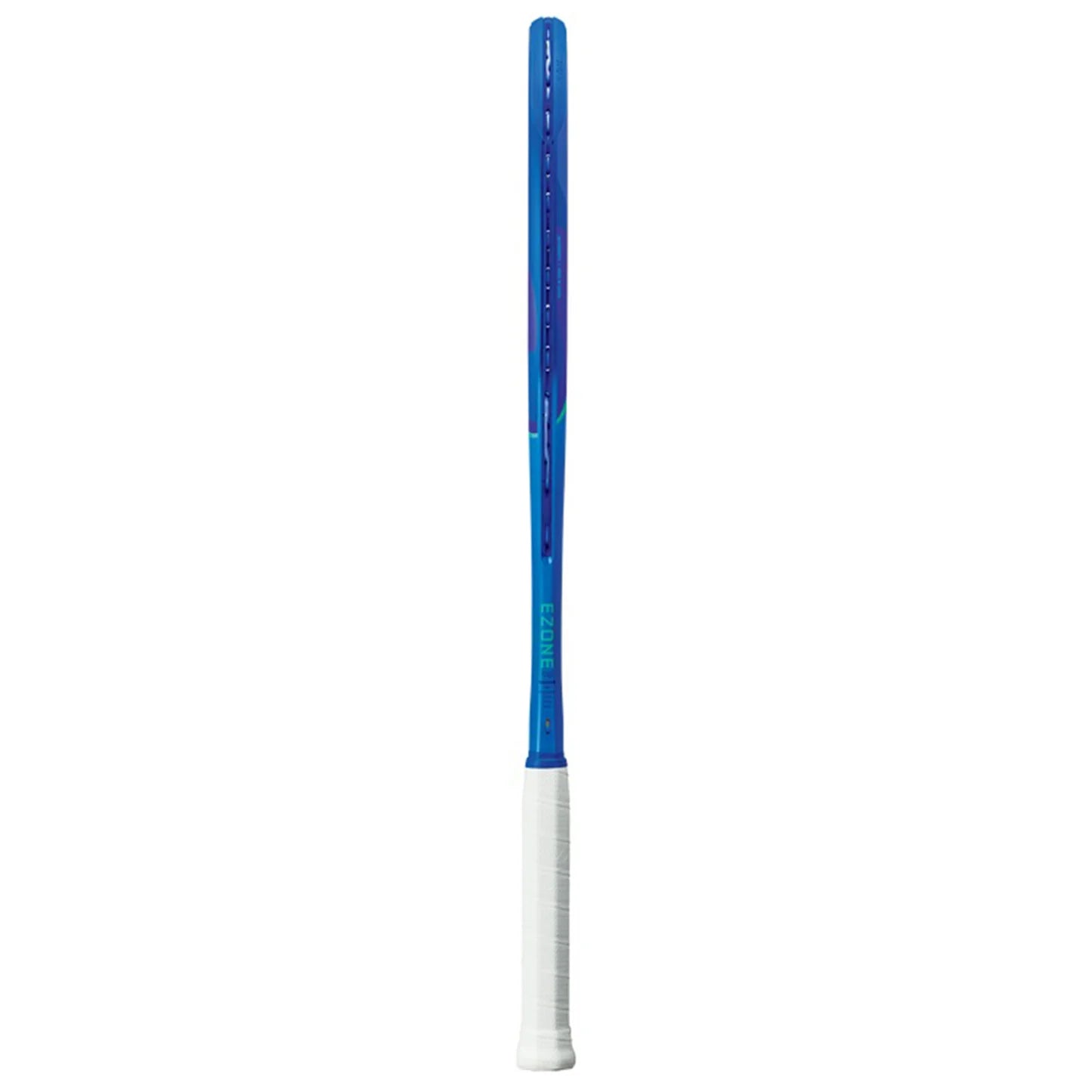 Close-up of the Yonex Ezone 98 Blast Blue racquet head, highlighting the 98 sq.in. sweet spot and string pattern, optimized for controlled power and comfort. Shop ProBadminton.in.