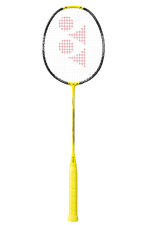 Yonex Nanoflare 1000 Tour badminton racket in Lightning Yellow, showcasing its sleek design and "extra-stiff flex" for fast swings.
