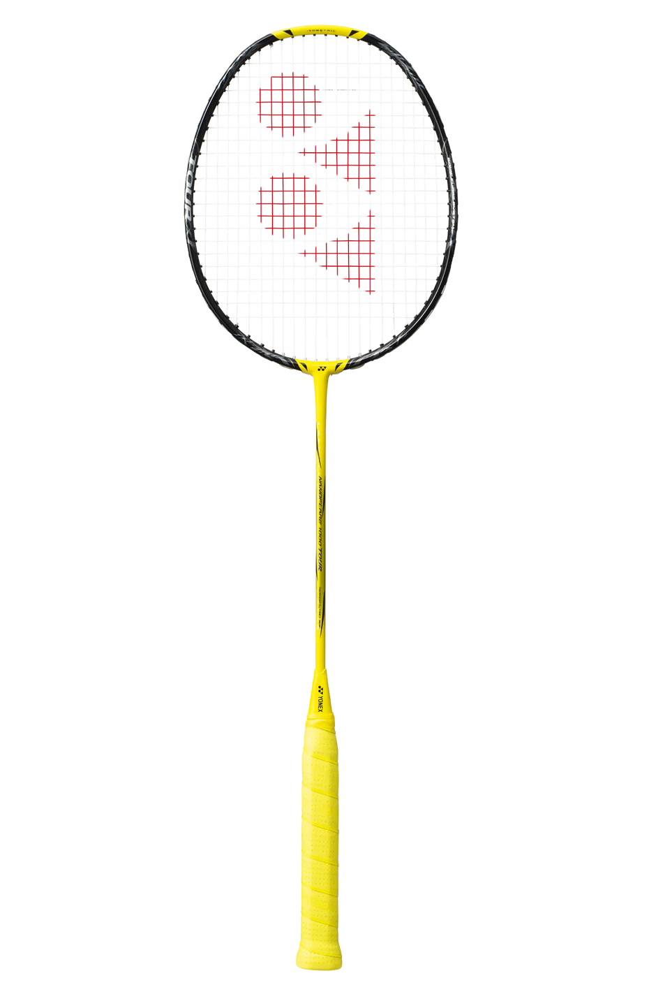 Yonex Nanoflare 1000 Tour badminton racket in Lightning Yellow, showcasing its sleek design and "extra-stiff flex" for fast swings.