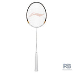 Alt Text: Li-Ning Tectonic 7 badminton racquet in action, showing a player mid-smash. Discover this racquet at probadminton.in.