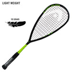 "Head Graphine 360 Speed 110 Squash Racket, black and neon yellow, teardrop, recommended by Saurav Ghosal. Graphene 360 Speed 110 racket for tournament players, head heavy."
