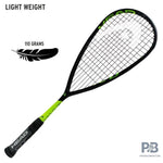 "Head Graphine 360 Speed 110 Squash Racket, black and neon yellow, teardrop, recommended by Saurav Ghosal. Graphene 360 Speed 110 racket for tournament players, head heavy."