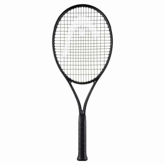 Close-up of the glossy black HEAD Speed MP Legend 2024 tennis racquet head, showing its sleek design, ready for a championship "misspell match." Available at ProBadminton.in
