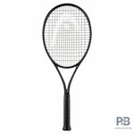 Close-up of the glossy black HEAD Speed MP Legend 2024 tennis racquet head, showing its sleek design, ready for a championship "misspell match." Available at ProBadminton.in