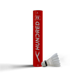 Hundred F5 badminton shuttlecocks pack of 10, showing a single white shuttlecock with black branding alongside the product tube on probadminton.in.