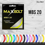 Maxbolt MBS 20 badminton string in its packaging, highlighting the gauge and key features.