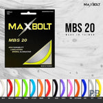 Maxbolt MBS 20 badminton string in its packaging, highlighting the gauge and key features.