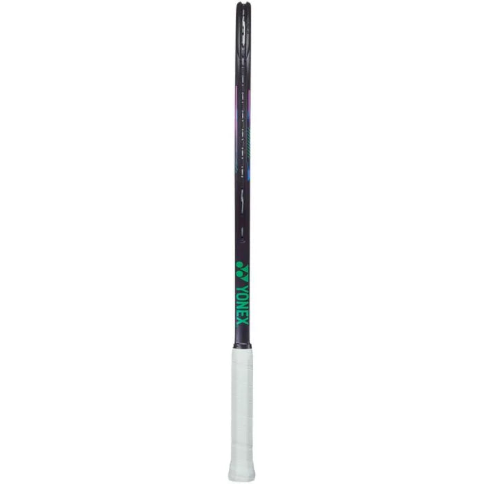 Close-up of the 97 sq. inch head of the Yonex VCORE Pro 97L tennis racquet, highlighting the 16x19 string pattern for control and spin.