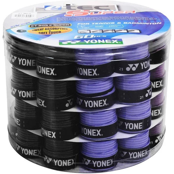 Pack of 60 Yonex ETEC 901/902/903 badminton racket overgrips in various designs, highlighting their texture.