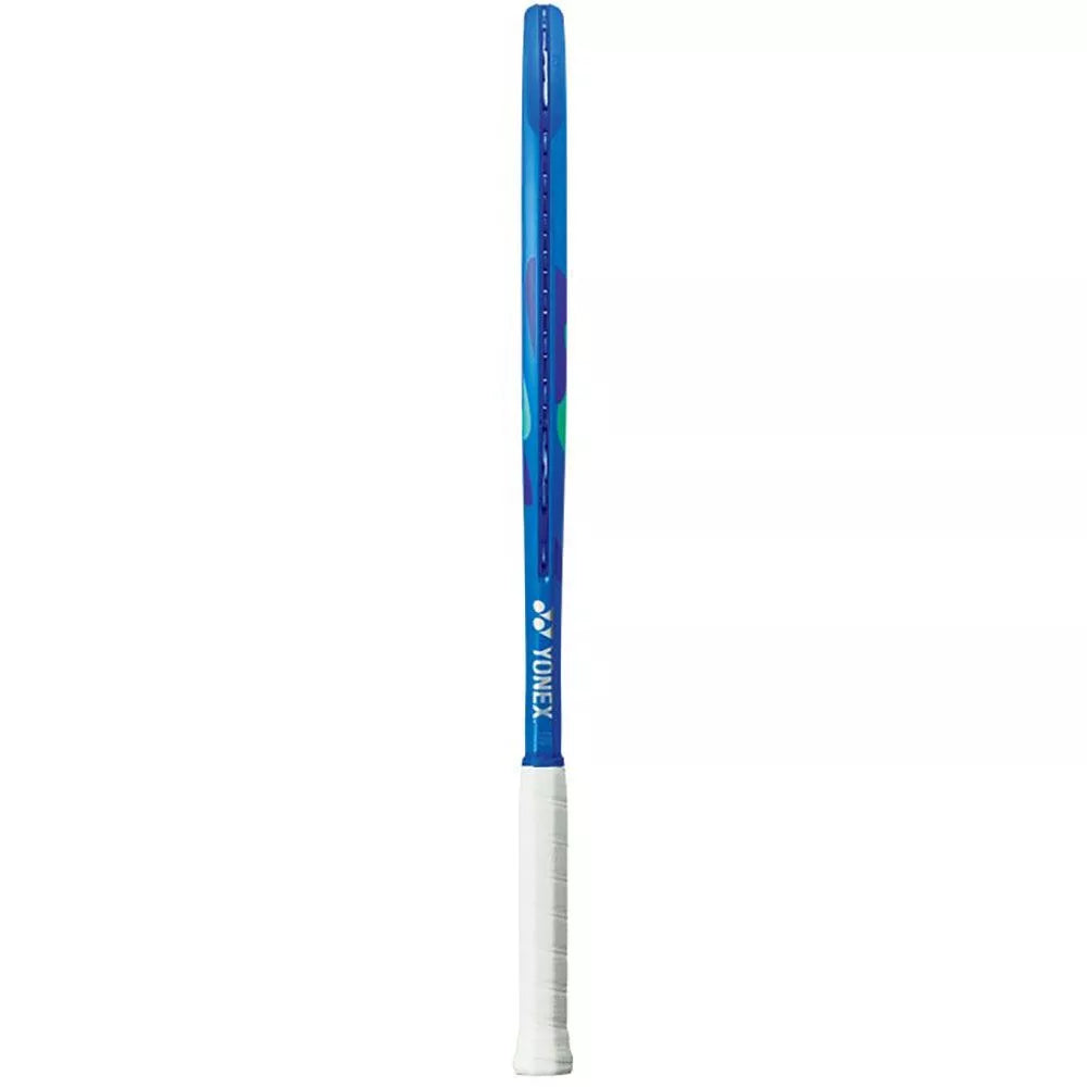 Close-up of the Yonex Ezone 100 Blast Blue racquet head, highlighting the 100 sq.in. sweet spot and string pattern, optimized for electrifying power and comfort. Shop ProBadminton.in.