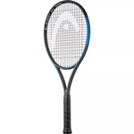 Tennis racket with black and blue design on a white background