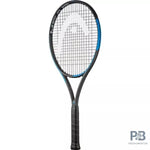 Tennis racket with black and blue design on a white background