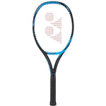 Full view of the Yonex Ezone DR 98 tennis racquet in blue, highlighting the frame and strings. Find it at Probadminton.in.