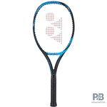 Full view of the Yonex Ezone DR 98 tennis racquet in blue, highlighting the frame and strings. Find it at Probadminton.in.