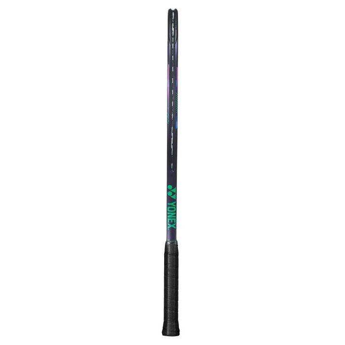 Close-up of the 97 sq. in. head of the Yonex VCORE Pro 97D tennis racquet, highlighting the tight 18x20 string pattern for pinpoint accuracy.