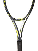 Close-up of the black frame and lemon yellow detailing on the Yonex EZONE DR 100 racquet head. Available at Probadminton.in.