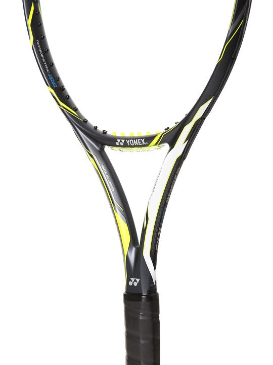 Close-up of the black frame and lemon yellow detailing on the Yonex EZONE DR 100 racquet head. Available at Probadminton.in.
