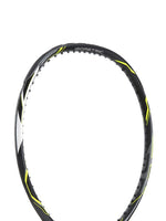 Yonex EZONE DR 100 tennis racquet, primarily black with lemon yellow accents, angled view of head and grip. Shop at Probadminton.in.