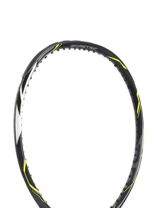 Yonex EZONE DR 100 tennis racquet, primarily black with lemon yellow accents, angled view of head and grip. Shop at Probadminton.in.