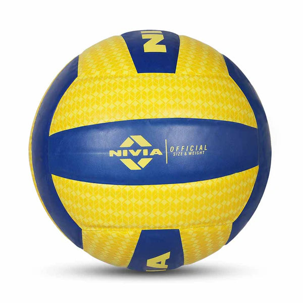 "Nivia Air Strike Vollyball, yellow and blue, 18-panel machine-stitched PU. Features butyl bladder, waterproof, suitable for training/matches."