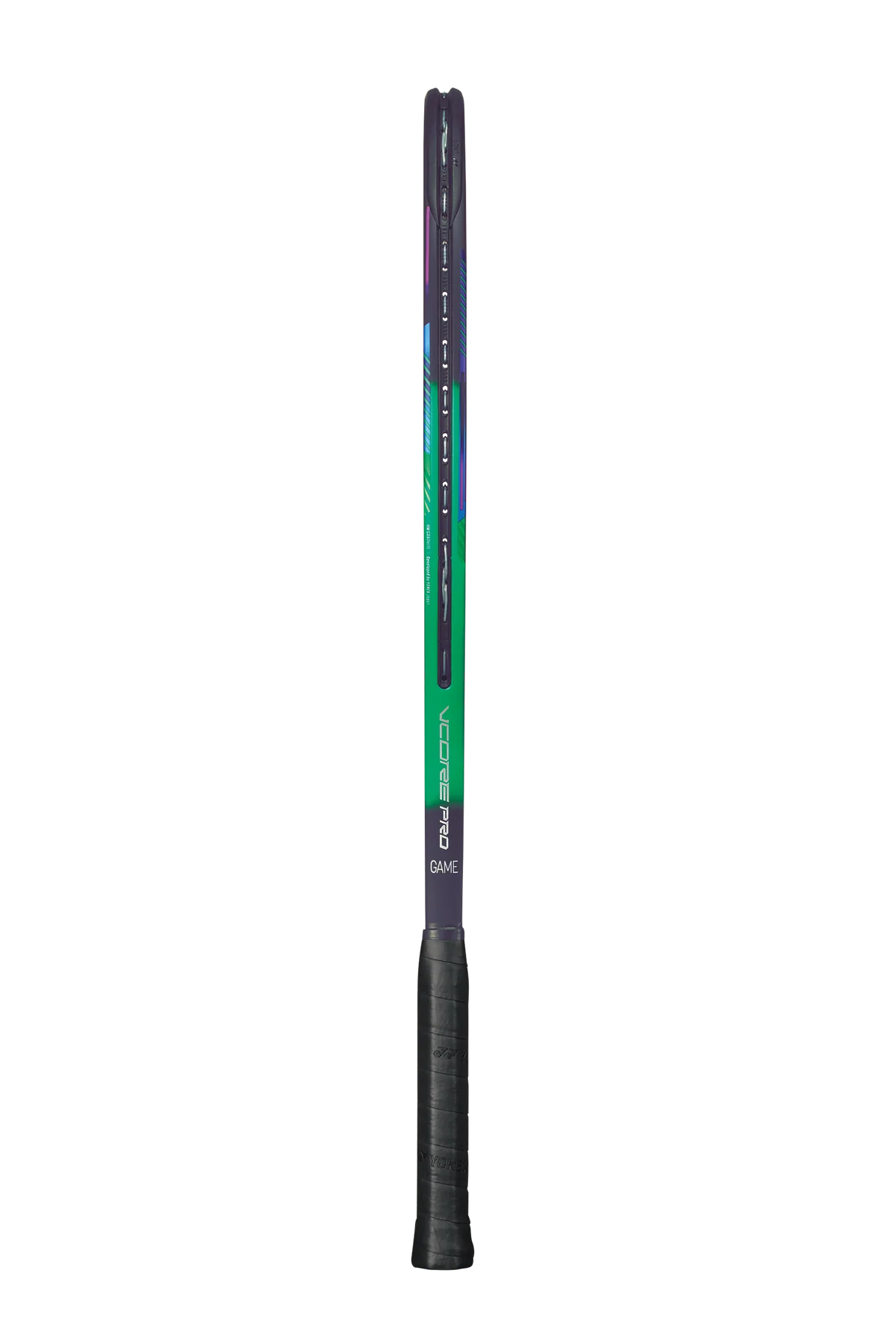 Detail view of the grip and a portion of the shaft of the Yonex VCORE Pro Game tennis racquet, emphasizing its lightweight feel and maneuverability.