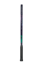 Close-up of the vibrant green and purple color transition on the frame of the Yonex VCORE Pro Game tennis racquet.